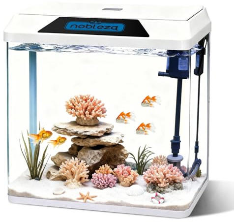 Nobleza - Acuario 30L con Filtro Integrado y Luz LED, Pecera de Cristal Completa para Peces, Acuario de Iniciación para Hogar y Oficina - Blanco