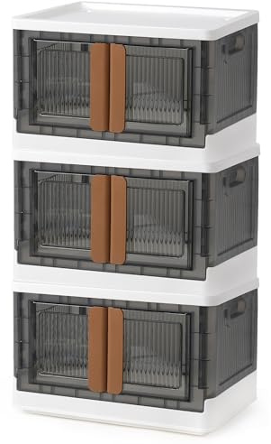 CALIYO Aufbewahrungsbox mit Deckel, 45L*3 Stapelbare Aufbewahrungsboxen Kisten Aufbewahrung mit Deckel Faltbare Aufbewahrung mit Türen und Rollen für Hause