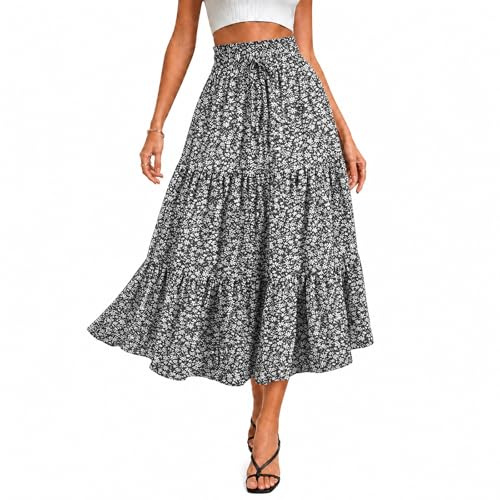 Fiohiros Womens Floral Midi Skirt Summer Tiered Skirt, Lightweight Elastic Waist Boho Flowing Long Skirt Casual Beach Skirt