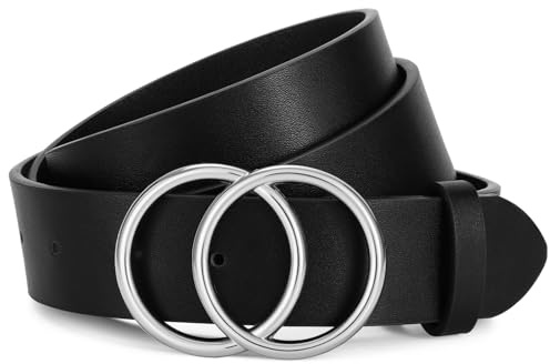 JasGood Damen Ledergürtel Mode Doppel O-Ring Schnalle Gürtel für Jeans Hosen Kleider,Schwarz/Silberne Schnalle,150cm
