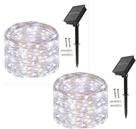 Solar Lichterkette Aussen,[2 Stück] 100 Leds Lichterkette Außen Solar 10Meter 8 Modus Außenlichterkette für Hochzeit, Party und Weihnachten, Garten Deko Gebäude Beleuchtung Aussen (Kaltes Weiß)