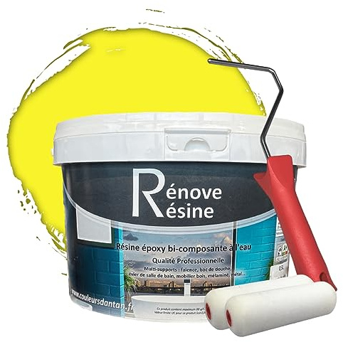 COULEURS D ANTAN Peinture Résine multisupport Intérieur pour Faïence, Carrelage, Douche, Baignoire 5m² - RAL 1018 Jaune zinc + Kit d'application OFFERT