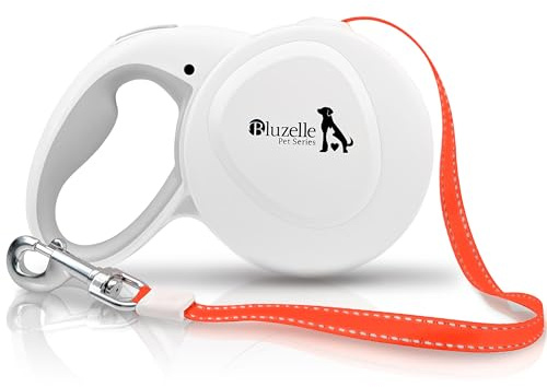 bluzelle Correa Perro Extensible 8m para Perros Grandes de hasta 50kg, Correa Reflectante Naranja Brillante con Mosquetones Metálicos de 360°, Asa Ergonómica de Goma, Freno Retráctil, Blanco