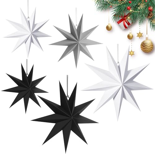 CZMAO 5 Estrellas de Papel para decoración navideña, 9 Puntas, 30 cm x 3 + 45 cm x 2 Estrellas de Papel de Navidad, Estrellas de Papel para decoración de Ventanas, Adviento, árbol de Navidad