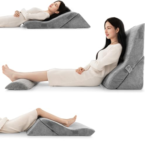 LIFEZEAL Juego de Cojines de Lectura para Cama o sofá con Almohada pequeña, Soporte Lumbar de Espuma con Funda extraíble, Almohadas de Lectura de 3 Piezas, 51x33,5x61cm (Gris)