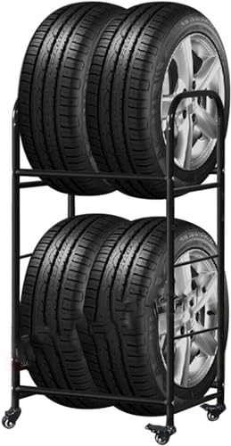 HACSYP Stockage de pneus, Support de Stockage Multi-pneus Robuste, étagère à pneus en métal Noir, 2 Niveaux avec 4 Roues, for pneus de Boue/pneus de Neige/remorque fermée
