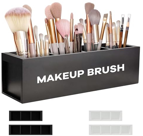 Suli Large Makeup Brush Holder Organizer, Wooden Cosmetic Brushes Storage with 4 Slots, Eyeliners Display Case for Vanity Desktop Bathroom Countertop -Black