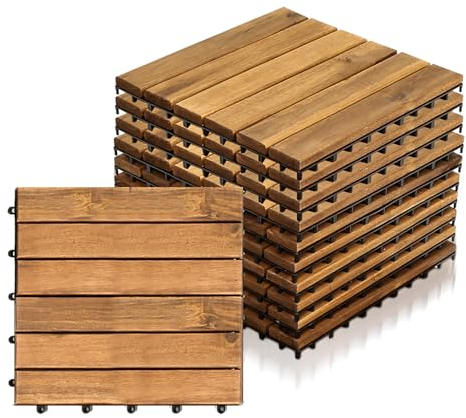 Jopassy 11 Stück Holzfliesen Balkon, 1 m² Balkon Bodenbelag 30x30 cm | Holzfliesen Mosaik aus Akazienholz, Balkonfliesen Terrassenfliesen für Garten, Balkon, Terrasse | 6 Latten
