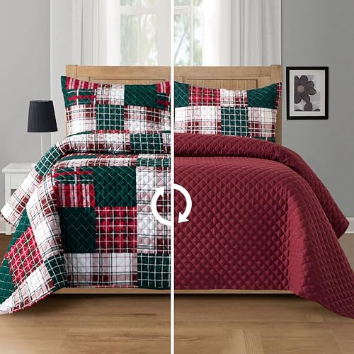 Elegant Comfort 3-teiliges kariertes Patchwork-Wendedecke, weiche Tagesdecke mit passenden Kissenbezügen, schwere Premium-Nähte, gesteppte Decke für alle Jahreszeiten, Doppelbett, Burgunderrot