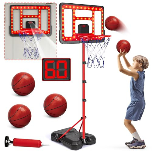 Kids Basketball Hoop Adjustable Height 3.5FT-6.2FT, Indoor Outdoor Toddler Basketball Hoop with LED Scoreboard, Boys Basketball Toy for 3 4 5 6 7 8 Years Gift, Portable Basketball Goals Sport Game