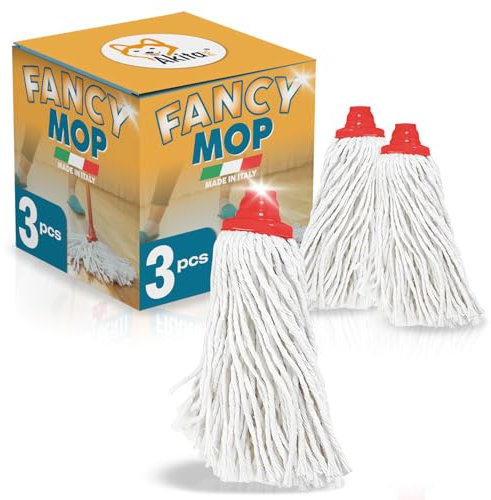 Akitaink Set 3 Pezzi MOP FANCY – Ricambio in Cotone a Filo Tagliato per Lavapavimenti Mocio Ecologico con Prestazioni Superiori di Pulizia Profonda e Assorbenza Totale su Ogni Superficie Made in Italy