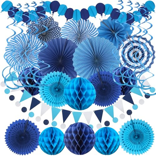 Decoraciones de fiesta azules, abanico de papel de fácil montaje, guirnalda de bolas de panal, remolino colgante, suministros de fiesta azul marino para niños y hombres, graduación, cumpleaños,