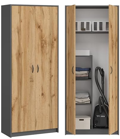 KUBUTKU Mehrzweckschrank Besenschrank Haushaltsschrank Praktische Schrank für Staubsauger Besen 180x74x35cm Grafit/Eiche Wotan
