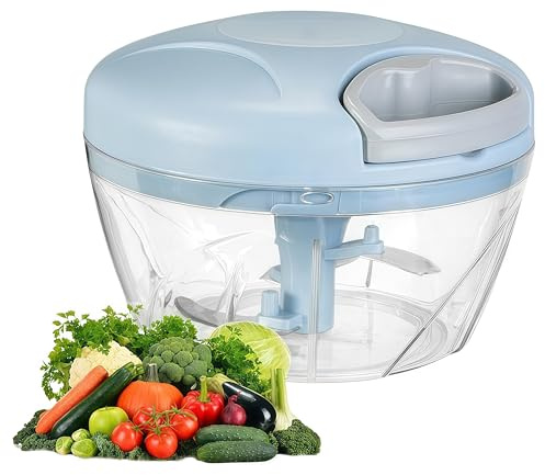 Tritatutto manuale per verdure, tritaverdure, portatile, con cordino, tritacarne aglio e cipolla per verdure, zenzero, aglio, frutta, cipolla, patate, insalata (blu, 500 ml)