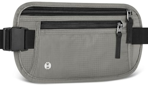 Cinturones de Dinero Ocultos, Riñonera de Seguridad Antirrobo con Bloqueo RFID, Riñonera Deportiva Ajustable, para Pasaportes, Tarjetas y Efectivo - Gris Claro
