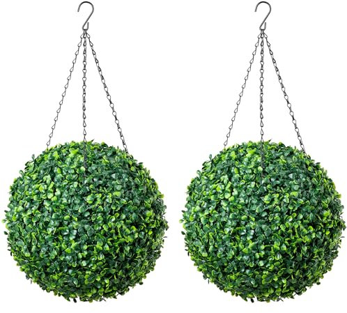 CHRISTOW Pair of Artificial Boxwood Topiary Balls, 28cm Faux Leaf Pant Hanging Ornaments, Decorative Outdoor Garden Topiaries, Lush Lifelike Foliage, UV Fade Protected, Pre-Attached Chain with Hook