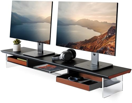 Fenge Support Ecran PC, 108cm, Acrylique, Ordinateur Moniteur TV, Noir | 2 Appareils, Charge 35kg, Flottant, 2 Tiroirs Hêtre Feutrés, Tablette Métal, Gestion Câbles, Bord Surélevé, Écran Bureau