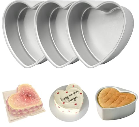EQUNROY 6 Inch Heart Cake Pan - 3 Pack Aluminum Heart Shaped Baking Pans for Valentine's Day, Wedding, Birthday Party - Nonstick Cake Mold for Oven, DIY Desserts