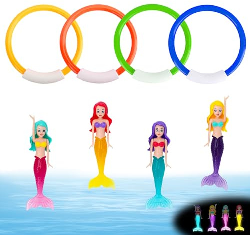 HERKINDNESS Juguetes Piscina, 4 Piezas Aros Piscina, Incluye 4 Sirenas, ABS Azul, Naranja, Amarillo, Verde Juguetes Piscina Niños, Ideal para Entrenamiento de Buceo, Juegos Acuáticos, Piscinas