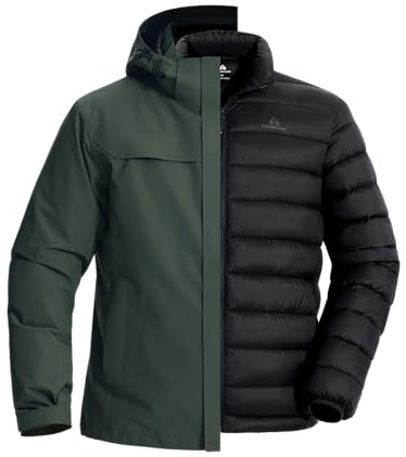 Pioneer Camp Giacca da sci 3 in 1 da uomo, con fodera in piuma, impermeabile e antivento, calda giacca da snowboard con cappuccio regolabile, verde, L