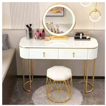 LED sminkbord med pall och spegel vitt guld sminkbord för flickor och kvinnor snygga sovrumsmöbler (80 cm)