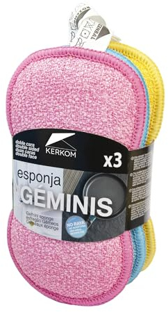 KERKOM Pack 3 Estropajos de Doble Cara para Superficies delicadas – Cara Rugosa desincrustante y Cara Suave Absorbente – Ideal para vajilla cubertería y vitrocerámica