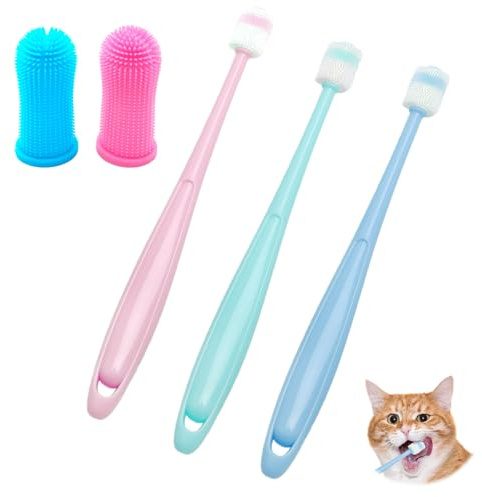 JYYWTSI Set di Spazzolini da Denti per Gatti - 3 Pezzi Spazzolino + 2 Spazzolino a 360 Gradi, Morbido in Silicone, Riutilizzabile, Colori Rosa Blu Verde