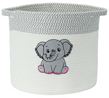 Goodheim Cotton Rope Storage Basket with Handles, Woven Toy Basket & Baby Laundry Hamper, Nursery Organizer for Stuffed Animals, Baby Clothes & Blankets Elephant 30cm x 30cm