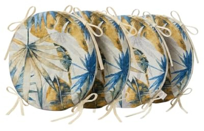 PIND Cojines Redondos para Silla 30x30x3.5cm - Relleno de Espuma Confort - Funda con Cremallera Lavable - 4 Lazos de Sujeción - Ideal para Cocina, Jardín y Taburetes. Diseño Estampado (4, Hojas Azul)