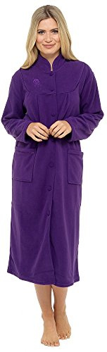 (14-16, Purple) - Ladies Warm Fleece Long Sleeve Button & Pockets Front Soft Dressing Gown Jacket