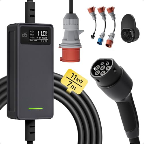 dé Mobile Wallbox 11kW |3-phasig|7m|6-16A |mit Traveller Adapter Set|, Ladekabel CEE 16a auf Typ 2 und Mobile Ladestation 11kW für ID.3, ID.4, ID.5, Model Y, Model 3, e-up, e-tron andere EV