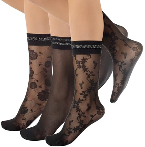 CALZITALY 3 Paires Socquettes Voile Femme, Lurex Brillantes, Résille | Noir | Taille Unique | Made in Italy (Taille Unique, 3 Paires Motif Floral)