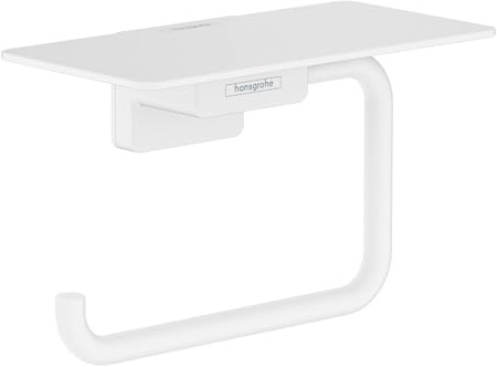 hansgrohe AddStoris - Porte-papier toilette avec tablette, Porte-papier toilette pour montage mural, Support de rouleau de papier toilette, Accessoires de salle de bains, Blanc mat, 41772700