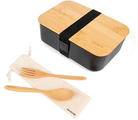 Naturoom Boîte à déjeuner Bento pour adultes/enfants, comprend 1 récipient alimentaire avec 1 séparateur, 1 couverts en bois (1 fourchette et 1 cuillère) avec 1 sac en coton et 1 couvercle en bambou
