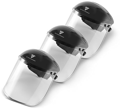 STAHLWERK Gesichtsschutzschild (3er Set) – größenverstellbar ergonomisches Kopfband, Schleifvisier aus Polycarbonat, großes Sichtfeld, optimaler Schutz bei Schleifarbeiten an Metall, Holz & Kunststoff