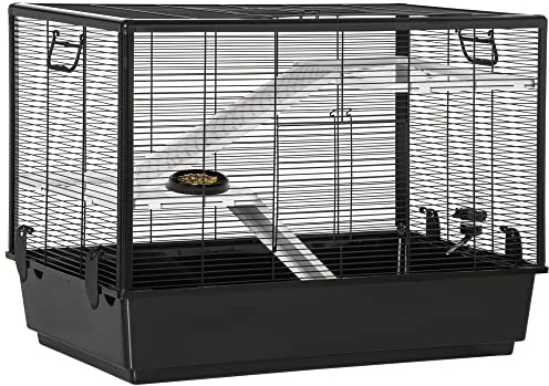 PawHut Gabbia per Porcellino d'India e Criceti con Maniglia, Serbatoio d'Acqua, Rampa e Piatto per Cibo, 80x48x58cm, Nera