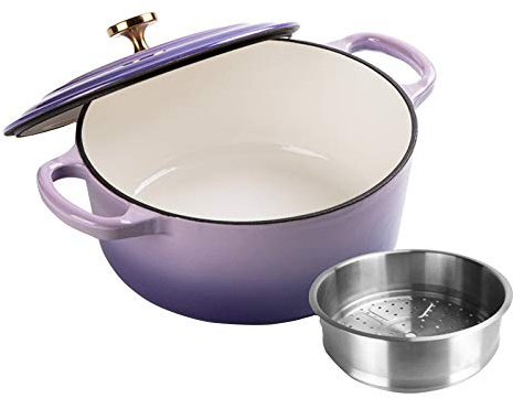 SHALOLY con Coperchio 24 cm casseruola Rotonda, pentole multifunzionali in ghisa Smaltata, Padella Antiaderente per brasare a Vapore cuocere alla griglia soffriggere arrosto, Rosa (Viola)