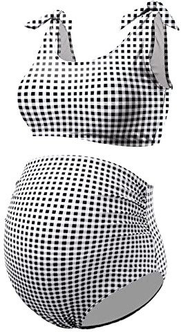 GINKANA Maternity Two Pieces Bikini Set Shoulder Straps High Waisted Swimsuits Beachwear Summer Swimwear,Black White Plaid,XXL