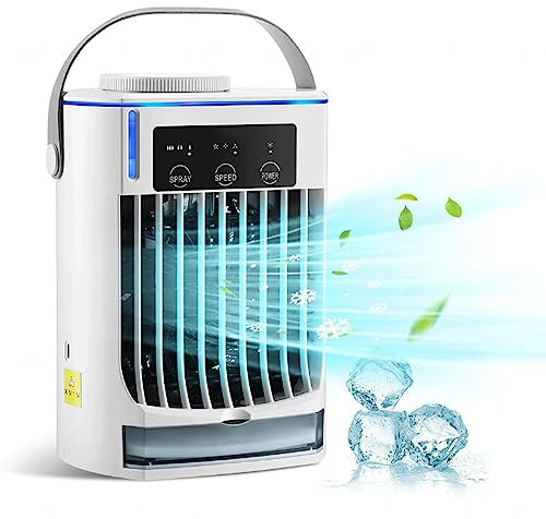 BAIYUN Mini Raffreddatore d'Aria Portatile | 4 in 1 Mini Rinfrescatore Ad Acqua con 3 velocità e 3 Funzioni di Nebbia | Serbatoio dell'Acqua da 500 ML per Casa Interni ed Esterni