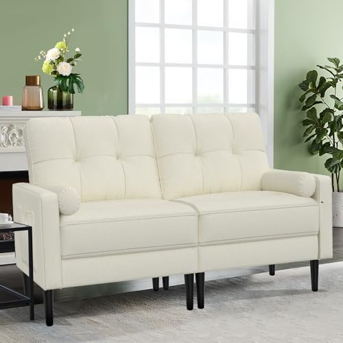 Aotumm Ciort Petit canapé 2 places, avec 2 coussins et accoudoirs, mi-siège, moderne, en lin, pour salon, chambre à coucher, beige