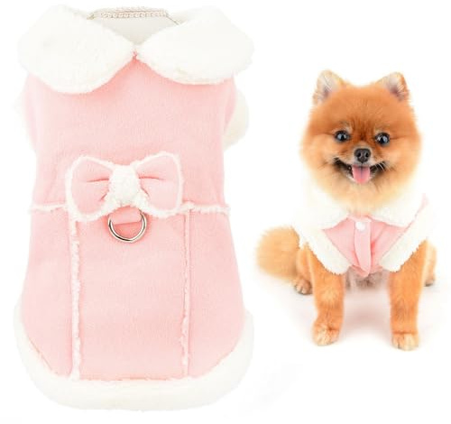 SMALLLEE_LUCKY_STORE Fleece-Hundemantel für kleine Hunde, mit Schleife und D-Ring, weiche Weste, Herbst-Winterkleidung mit flauschigem Kragen, Chihuahua, Yorkie, Katzenbekleidung, Rosa, Größe S