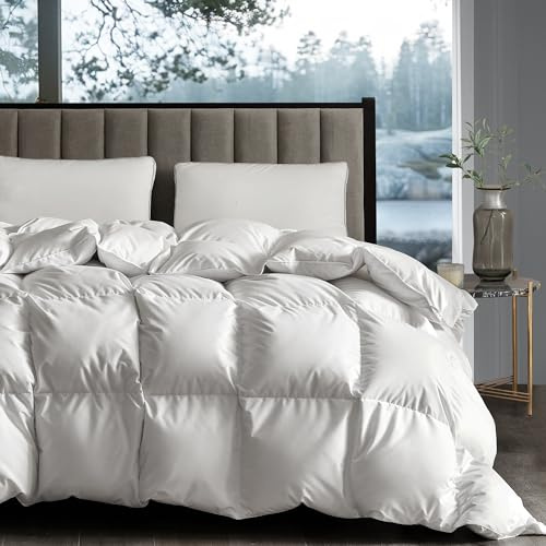 Hotel Grand White Goose Down Fiber Comforter Queen, Extra Warmth Fluffy Goose Down Fiber Winter Duvet Insert Queen, Hotel Collection Hypoallergenic Bedding Comforter for Cold Weather 55oz, 90 x 90