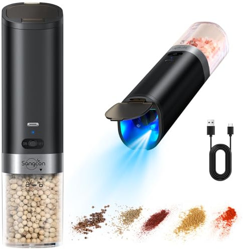 Sangcon USB Ricaricabile Set Macina sale e pepe Elettrico a Gravità, con Copertura Antipolvere, Grande capacità con luce LED blu,Funzionamento automatico con una sola mano, Facile da riempire (1 Set)