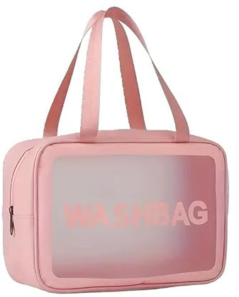 Travel Toiletry Bag for Women, Waterproof Makeup Organiser Wash Bag with Clear Window, Large Cosmetic Storage Pouch for Holiday, Gym & Airport Carry On (Pink)