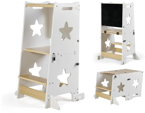MS BabyWorld - Tour d'apprentissage en Bois Montessori Learn UP | Convertible en Bureau et Tabouret Enfant | Tour de Cuisine en Bois Massif avec Barre de sécurité | Pliable (Blanc)