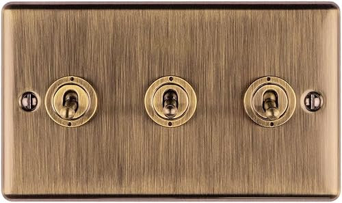Triple Toggle Light Switch, 3 Gang, 2 Way, 10A, Antique Brass Windsor W18AB
