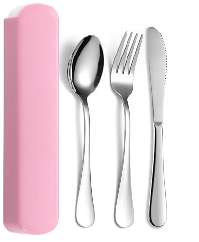 JIEYUCHU 3 Pezzi Posate da Viaggio, Posate Da Campeggio Kit Acciaio Inox, Set di Posate con Custodia Portatile, Coltello, Forchetta, Cucchiaio per Viaggi, Campeggio, Ufficio, Scuola (Rosa)