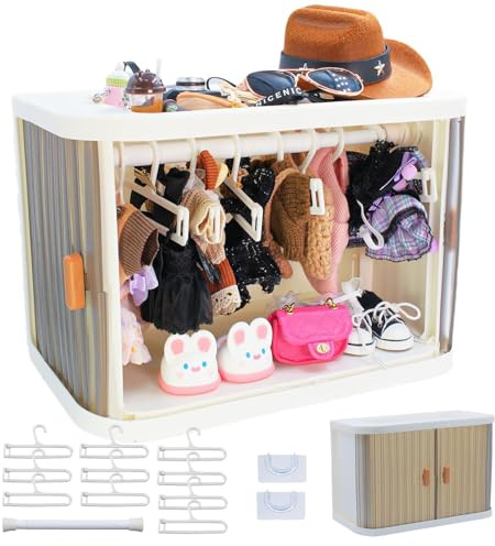 Foldable Doll Wardrobe Storage Box Compatible with Labubu Clothes with 10 Hangers & Rod - Stackable Organizer Cabinet for 15/17cm Doll Clothes with Dust-Resistant Cover and Display Shelf