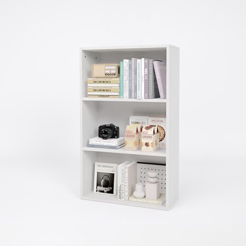 Nordivale Bookcase Free Standing, 3-Tier Book shelf, Small White Bookshelf Shelving Unit, Open Storage Display Storage Bookshelves Rack Cube Shelf for Living Rooms, Bedrooms, Home Office, 1 Pack