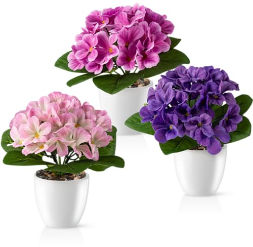 PASCH® Violer i glansigt keramikpot | Konstgjorda blommor i kruka | Konstgjorda blommor som riktiga | Falska blommor | Konstgjorda blommor som riktiga (Usambaravioler, 3 stycken, 16 cm)